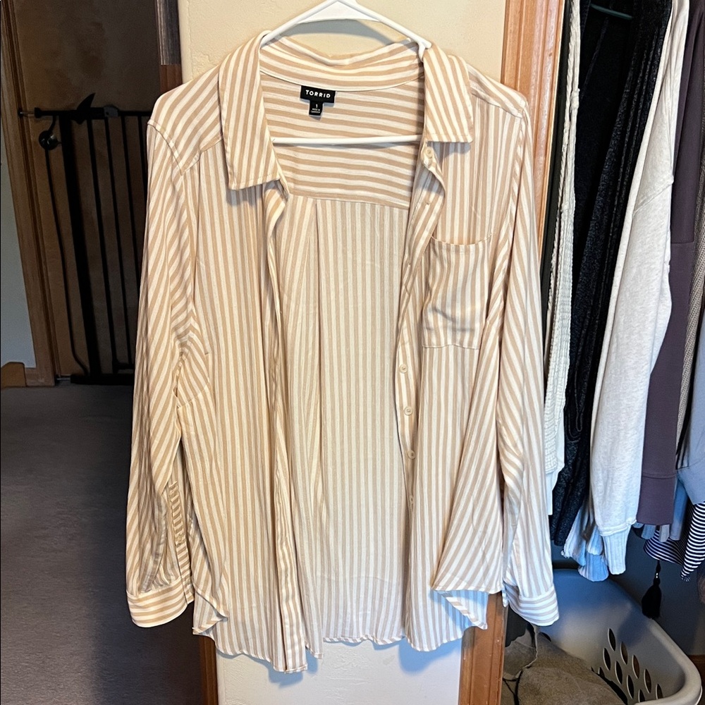 Torrid Cream Striped Long Sleeve Shirt